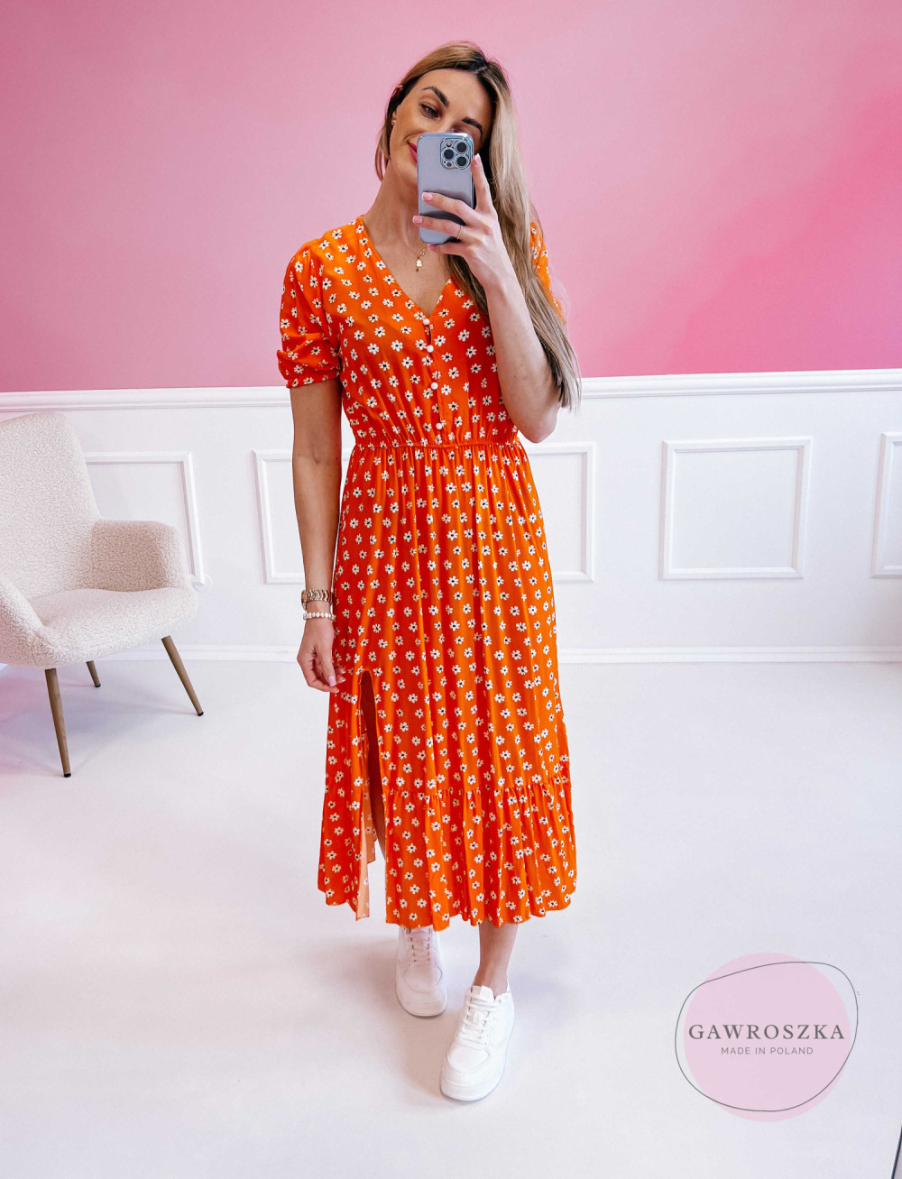 Sukienka Midi Klara II z krótkim rękawem - pomarańczowa 2