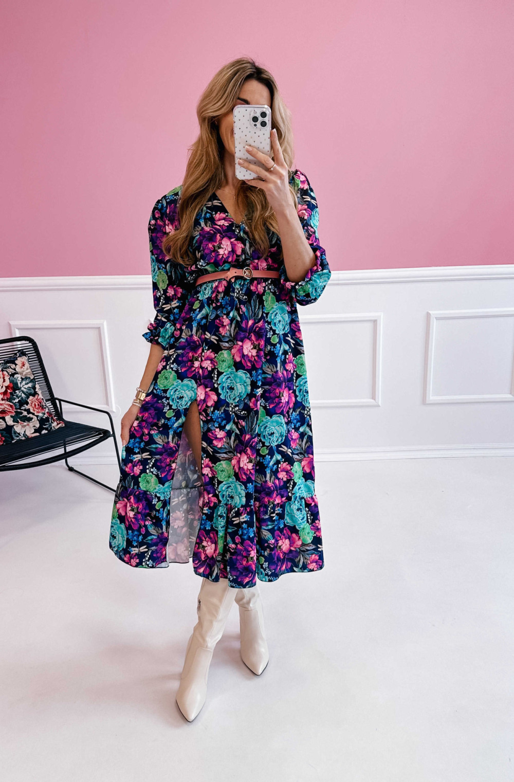 PRE ORDER Sukienka Midi Klara z długim rękawem - granatowe w fioletowe kwiaty 4