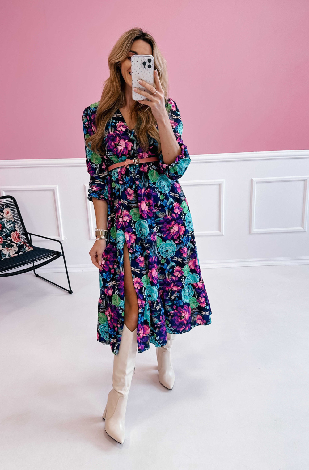 PRE ORDER Sukienka Midi Klara z długim rękawem - granatowe w fioletowe kwiaty 5
