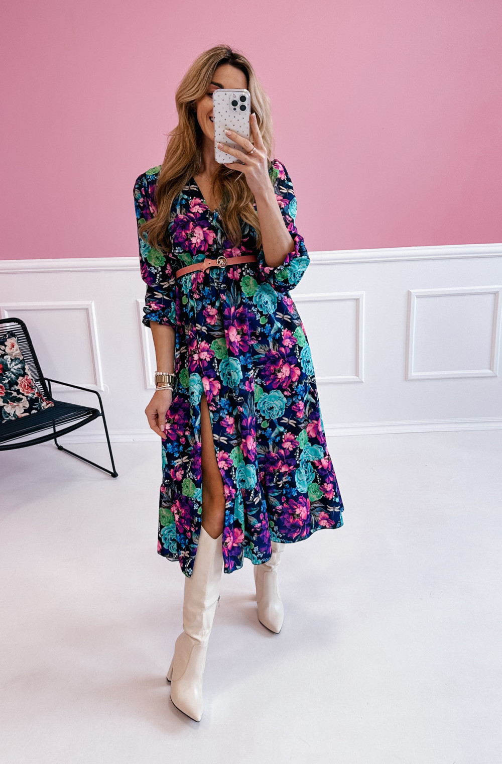 PRE ORDER Sukienka Midi Klara z długim rękawem - granatowe w fioletowe kwiaty 1