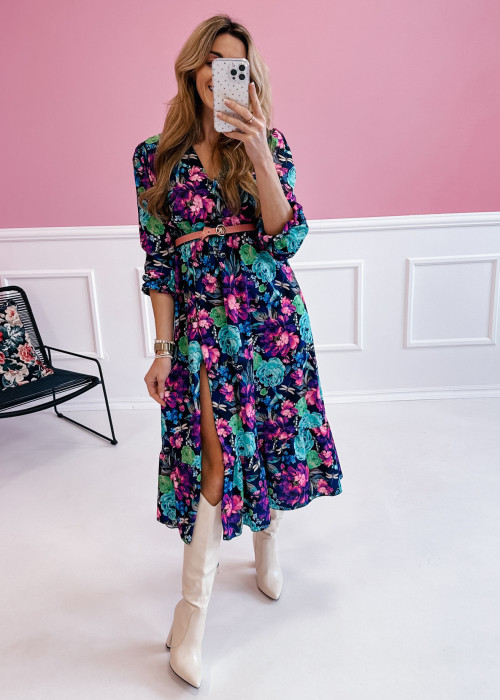 PRE ORDER Sukienka Midi Klara z długim rękawem - granatowe w fioletowe kwiaty