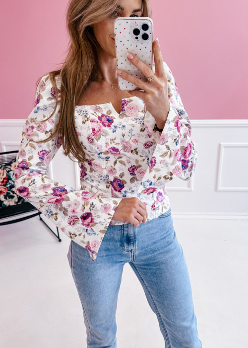 Bluzka Sofie - biała w fioletowe kwiaty