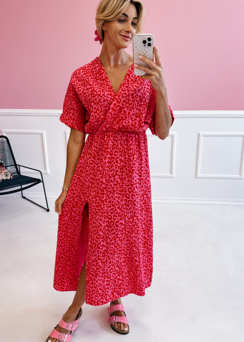 Sukienka muślinowa Karen - różowa w czerwone cętki