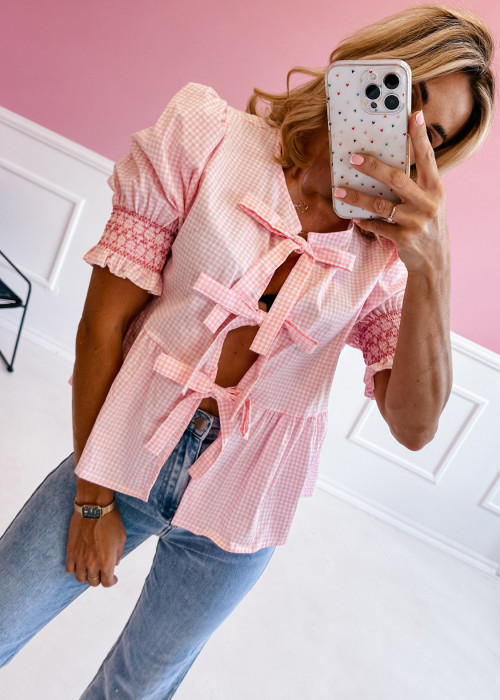 Wiązana bluzka Bianca - różowa kratka