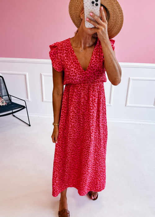 Sukienka muślinowa Ariana - malinowa w czerwoną panterkę
