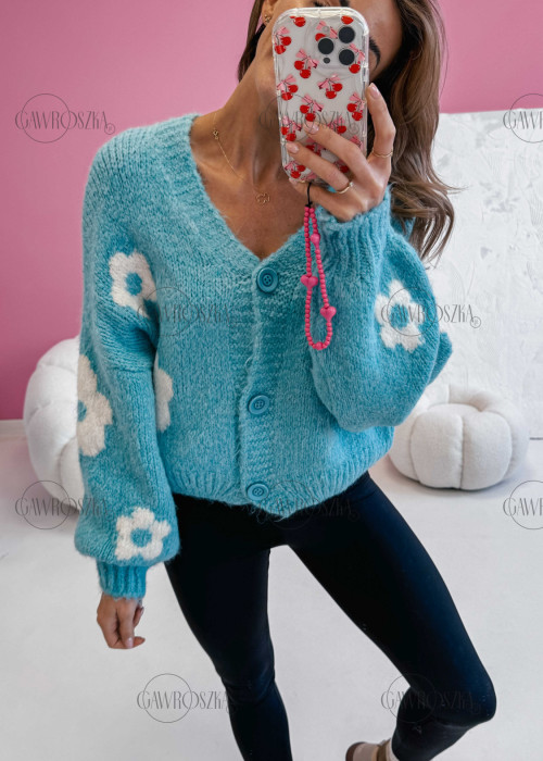 Sweter Monaco flower rozpinany - turkus