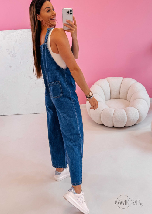 Ogrodniczki jeansowe z szeroką nogawką - ciemny jeans