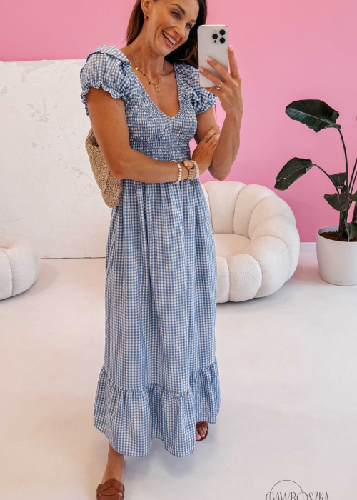 Sukienka Sabrina maxi - niebieska krateczka